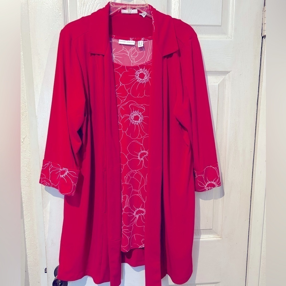 NWOT Susan Graver 2pc Hot Pink/White Liquid Knit Cardigan Set